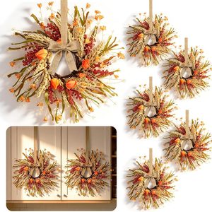 Birchmont 6 PCS 9" Mini Fall Wreaths for Kitchen Cabinets Fall Hanging Wreaths with Artificial Autumn Leaves Tulip Berry Ribbon Thanksgiving Candle