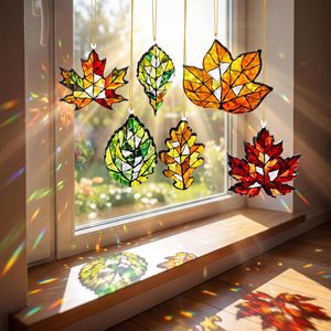Aldernest 12 Pcs Fall Leaves Ornaments, Maple Leaf Window Hanging Decor, Classic Color