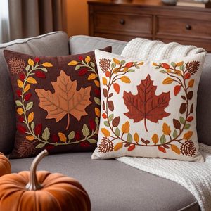 Ashenby 2 Pcs Fall Throw Pillow Covers, Maple Leaf Embroidery