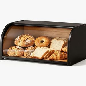 Aldernest Roll Top Bread Box for Kitchen Countertop with Clear Lid, 15.74"L x 9.84"W x 7.87"H, Black