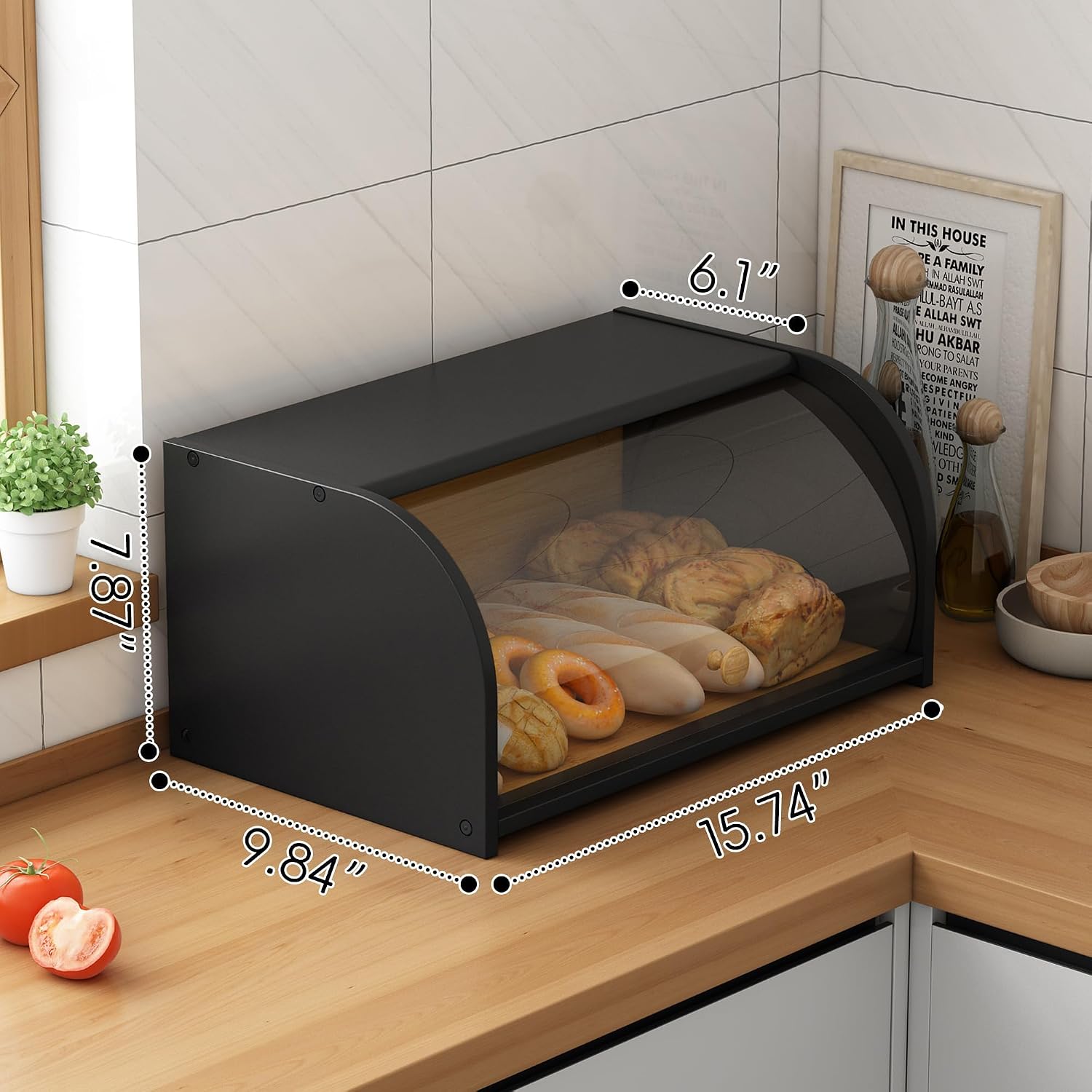 Aldernest Roll Top Bread Box for Kitchen Countertop with Clear Lid, 15.74"L x 9.84"W x 7.87"H, Black
