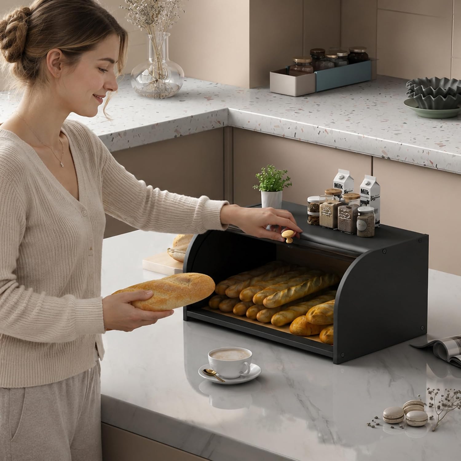 Aldernest Roll Top Bread Box for Kitchen Countertop with Clear Lid, 15.74"L x 9.84"W x 7.87"H, Black