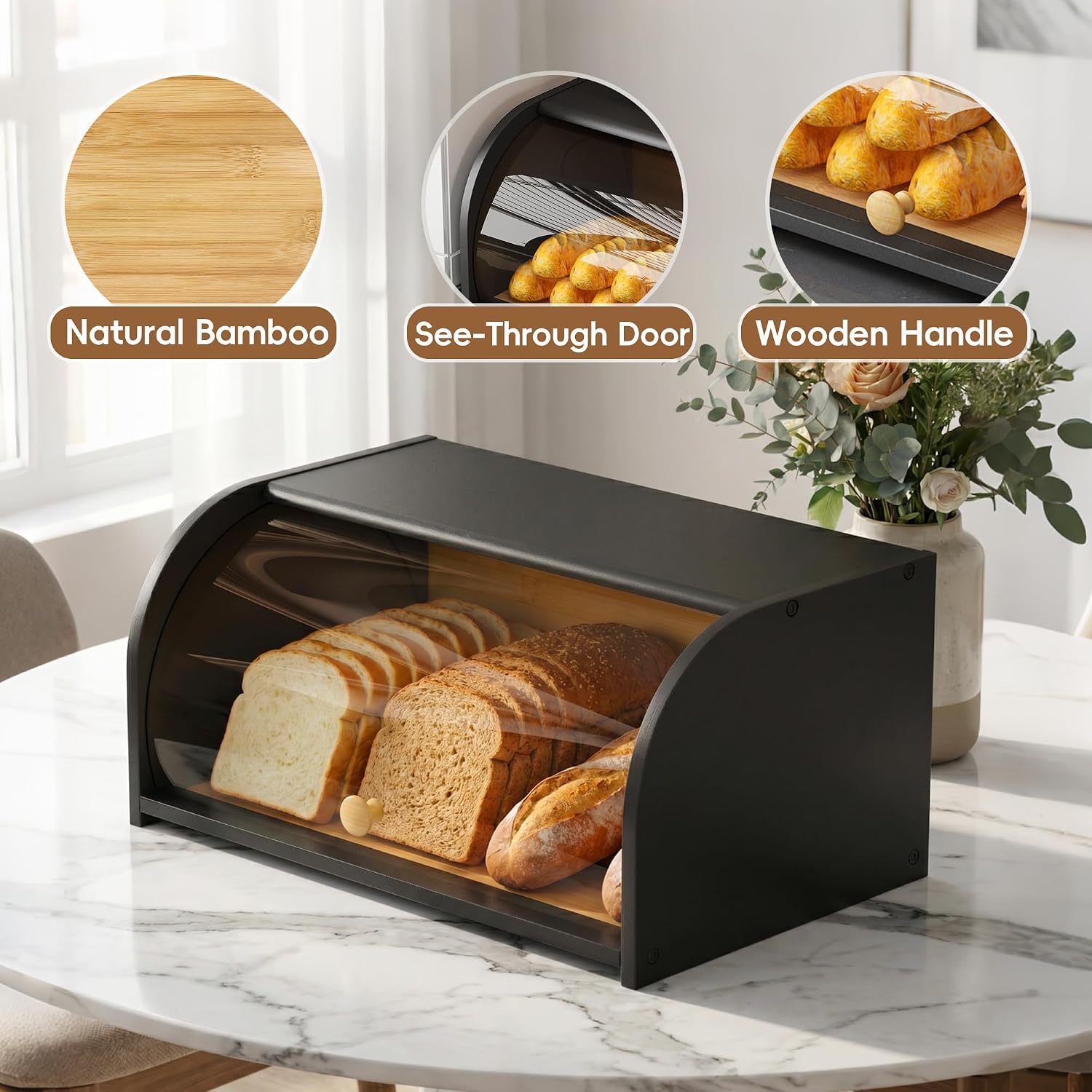 Aldernest Roll Top Bread Box for Kitchen Countertop with Clear Lid, 15.74"L x 9.84"W x 7.87"H, Black