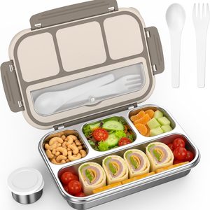 Barleyfield Stainless Steel Bento Box Adult, Leakproof Metal Lunch Box Containers 4 Compartments, Brown