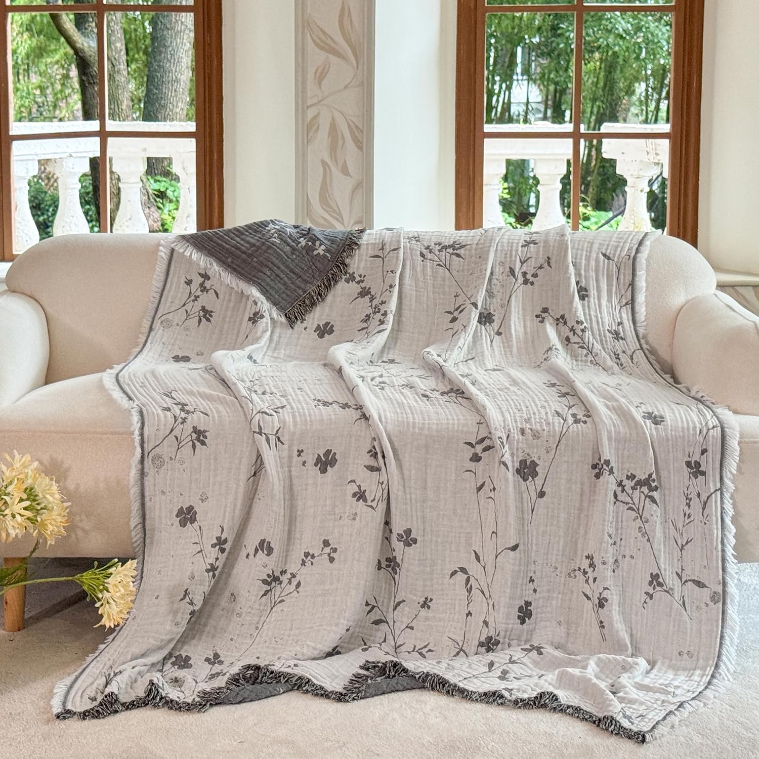 Aldernest 100% Cotton Throw Blanket with Tassels, Lightgray