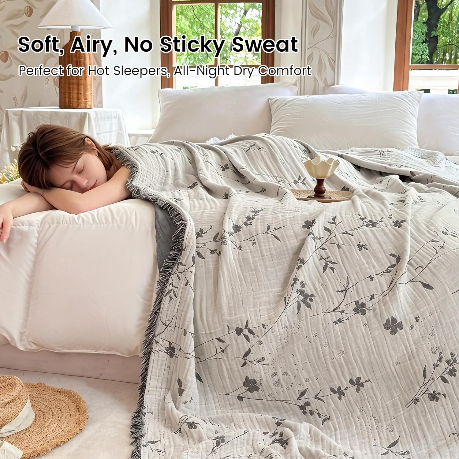 Aldernest 100% Cotton Throw Blanket with Tassels, Lightgray