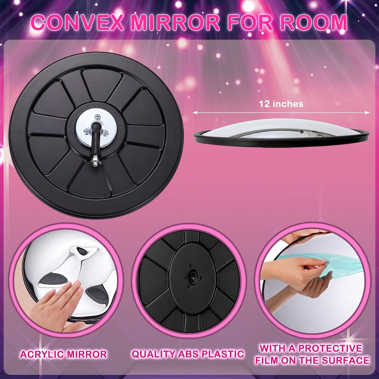 Aldernest Retro Y2k Party Decor 12'' Round Acrylic Convex Mirror, Black