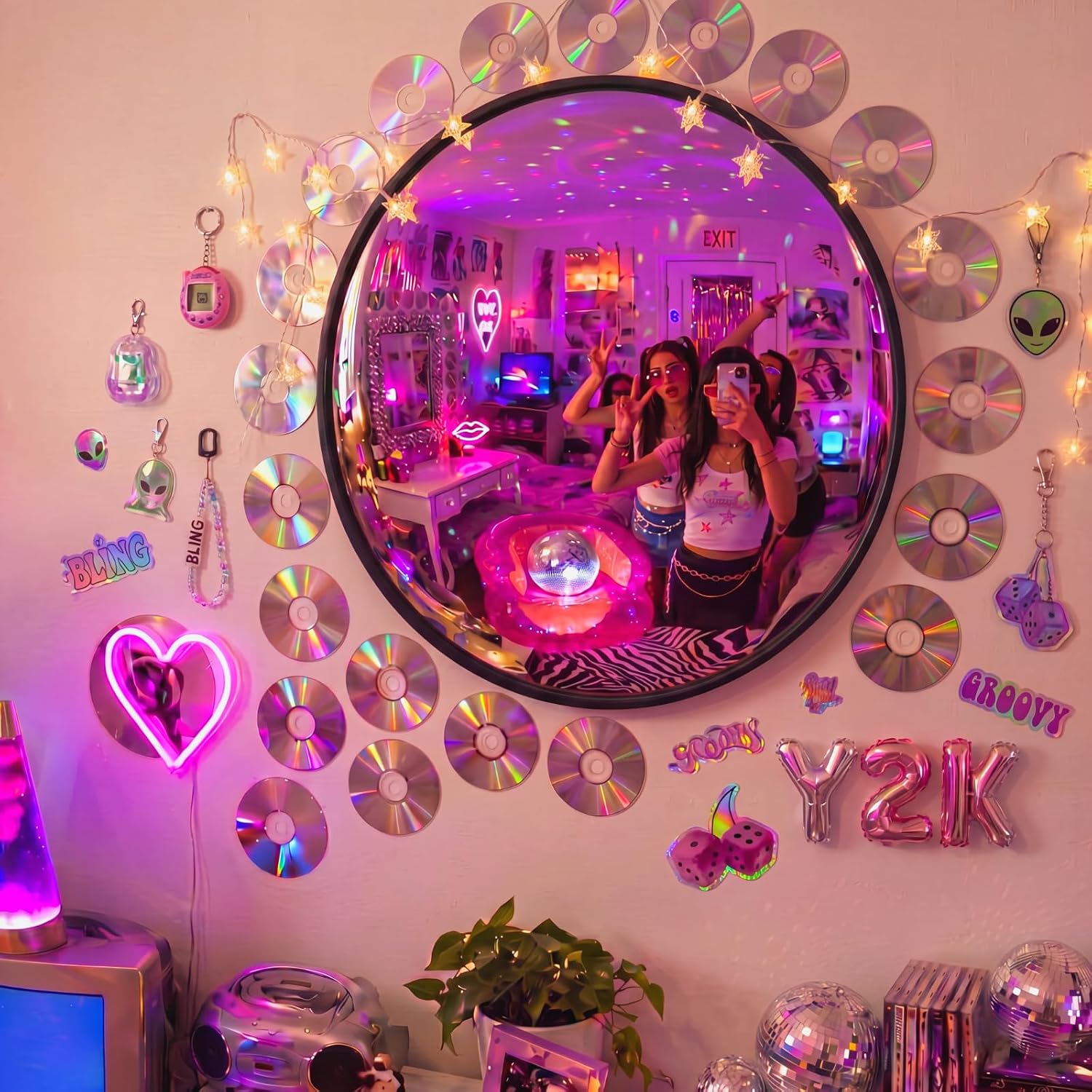 Aldernest Retro Y2k Party Decor 12'' Round Acrylic Convex Mirror, Black
