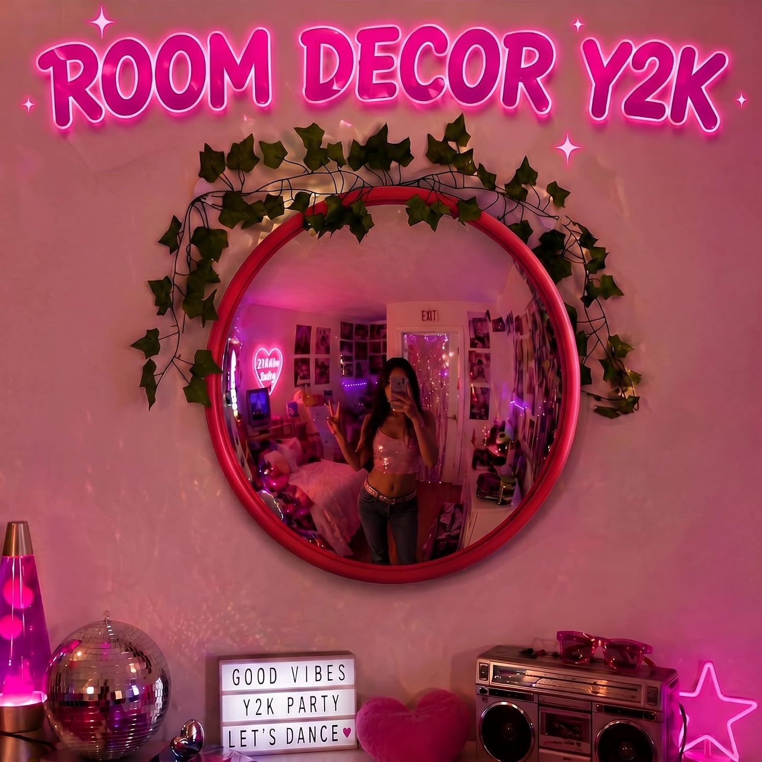 Aldernest Retro Y2k Party Decor 12'' Round Acrylic Convex Mirror, Red