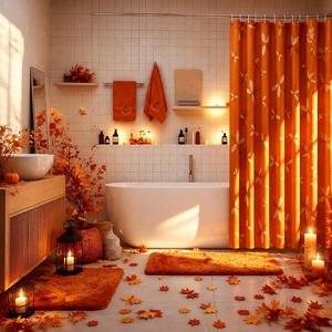 Ashenby 5 Pcs Fall Bathroom Decor Leaves Shower Curtain Set with Towels, 72"W x 72"L (Pack of 5), Orange