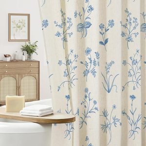 Aldernest Blue Boho Linen Shower Curtain - Floral Farmhouse Curtain 72x72, 6.4 ounces, 72"W x 72"L (Pack of 1), Linen - Blue