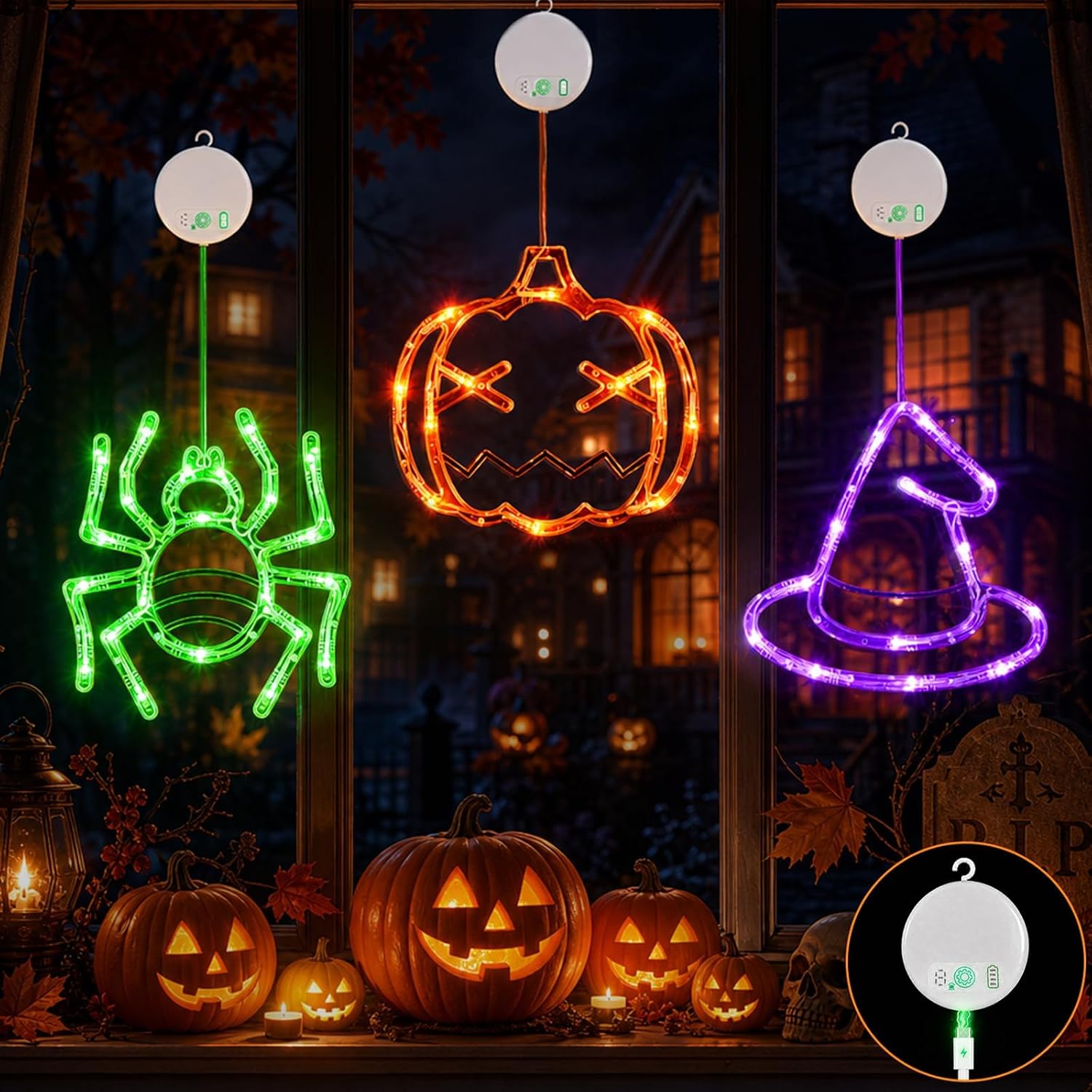 Brackenly Rechargeable Pumpkin Spider Witch Halloween Window Lights, 3 Pack, Orange Green and Purple