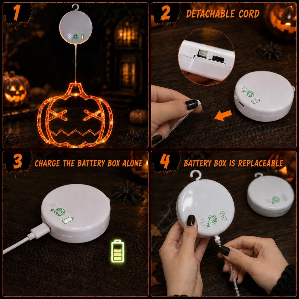 Brackenly Rechargeable Pumpkin Spider Witch Halloween Window Lights, 3 Pack, Orange Green and Purple
