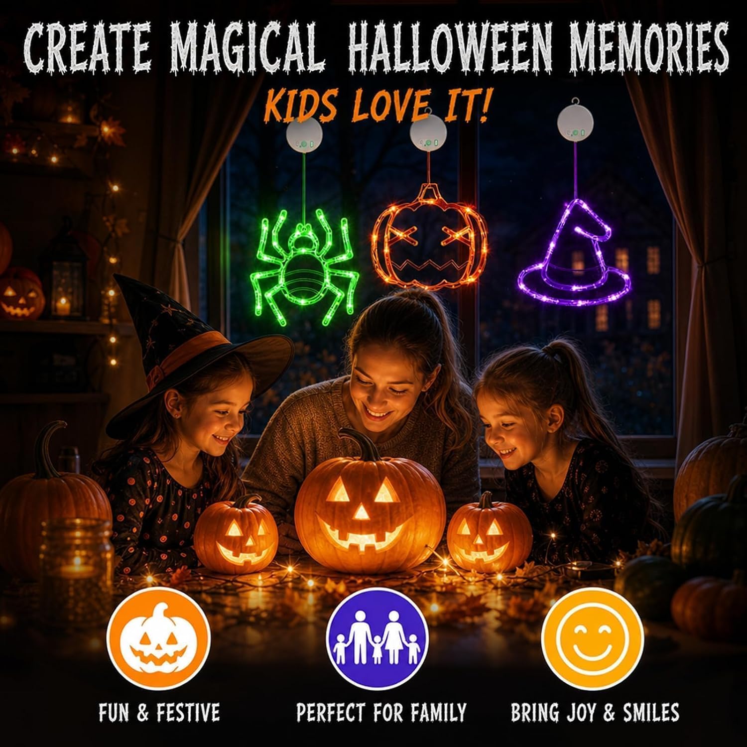Brackenly Rechargeable Pumpkin Spider Witch Halloween Window Lights, 3 Pack, Orange Green and Purple