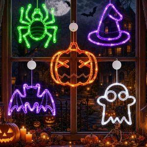 Brackenly 5 Pack Halloween Window Lights Pumpkin Spider Ghost Hat Bat Lights, Orange Green White and Purple