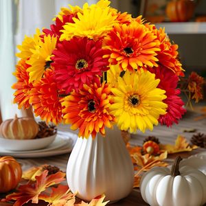 Aldernest Fall Artificial Flowers Mums, 14 Pcs Silk Fall Floral Arrangement Faux Gerbera Bouquet, Orange, Yellow, Red