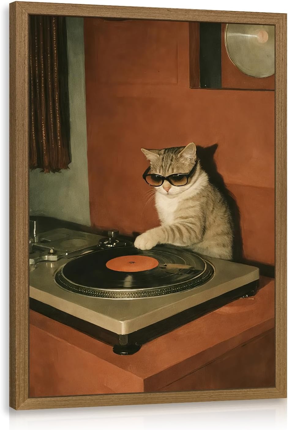 Aldernest Wood Framed Funny DJ Cat Wall Art, Retro Record Player Poster Print, 9.6 ounces, 16"L x 12"W