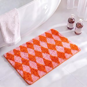 Aldernest Cute Checkered Bath Mat 24x16 Inch Diamond Tufted Bathroom Rug Soft Small Absorbent Non-Slip Washable Microfiber for Tub Shower Bathroom