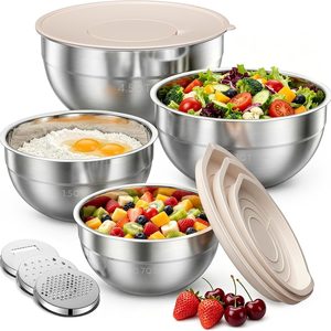 Aldernest Stainless Steel Mixing Bowls with Lids Set, 4 Pack Cooking Bowls, 2.3 pounds, Khaki