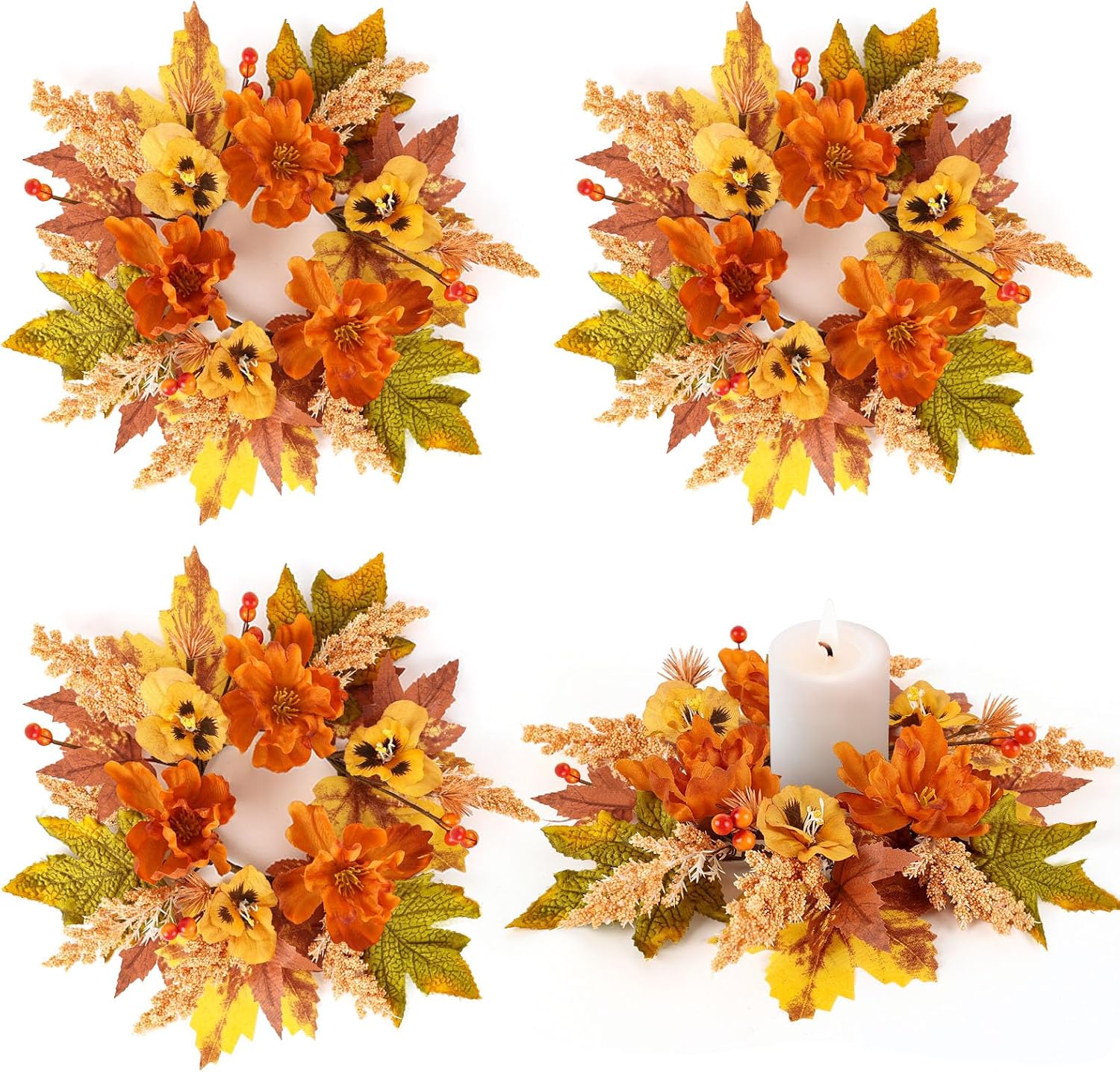 Birchmont 4 Pcs Fall Candle Ring Wreath, Artificial Maple Leaf Floral Candle Holder Wreath with Orange Flower Berry