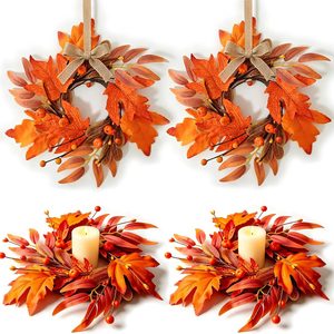 Birchmont 4 Pcs Mini Fall Wreaths Thanksgiving Table Centerpieces Fall Candle Rings 9 Inch Maple Leaf Wreaths for Cabinets Farmhouse Autumn Wreath for