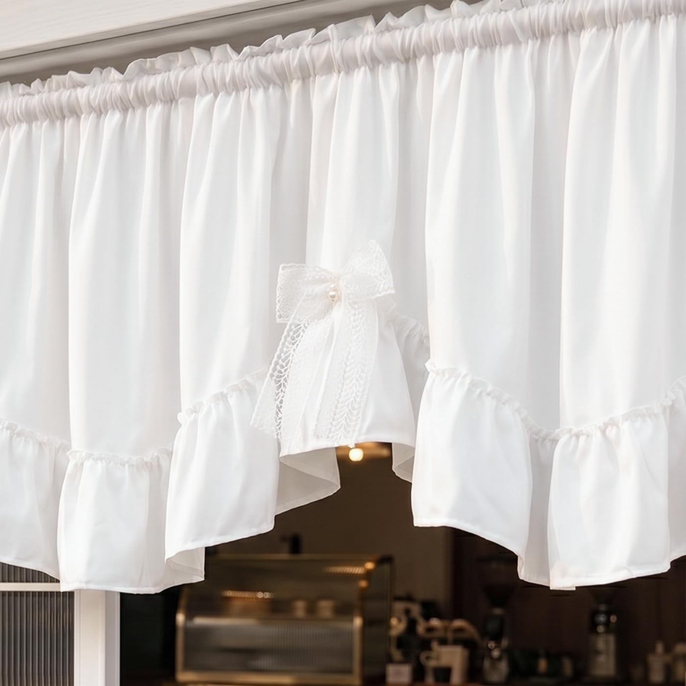 Aldernest White Scalloped Ruffled Valance Farmhouse Small Window Curtain 52"W x 18"L, 3.52 ounces, Solid White