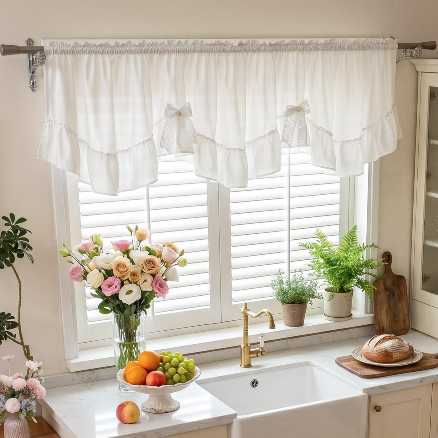 Aldernest White Scalloped Ruffled Valance Farmhouse Small Window Curtain 52"W x 18"L, 3.52 ounces, Solid White
