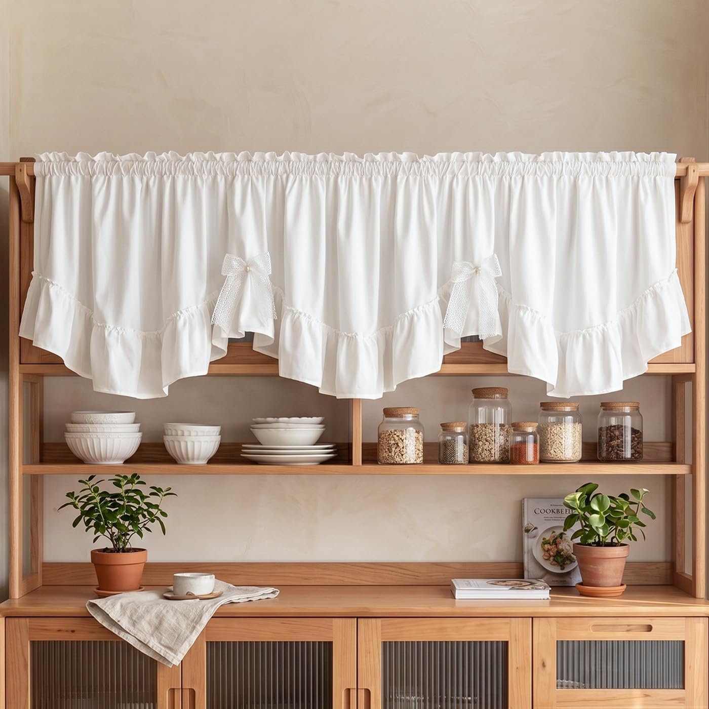Aldernest White Scalloped Ruffled Valance Farmhouse Small Window Curtain 52"W x 18"L, 3.52 ounces, Solid White