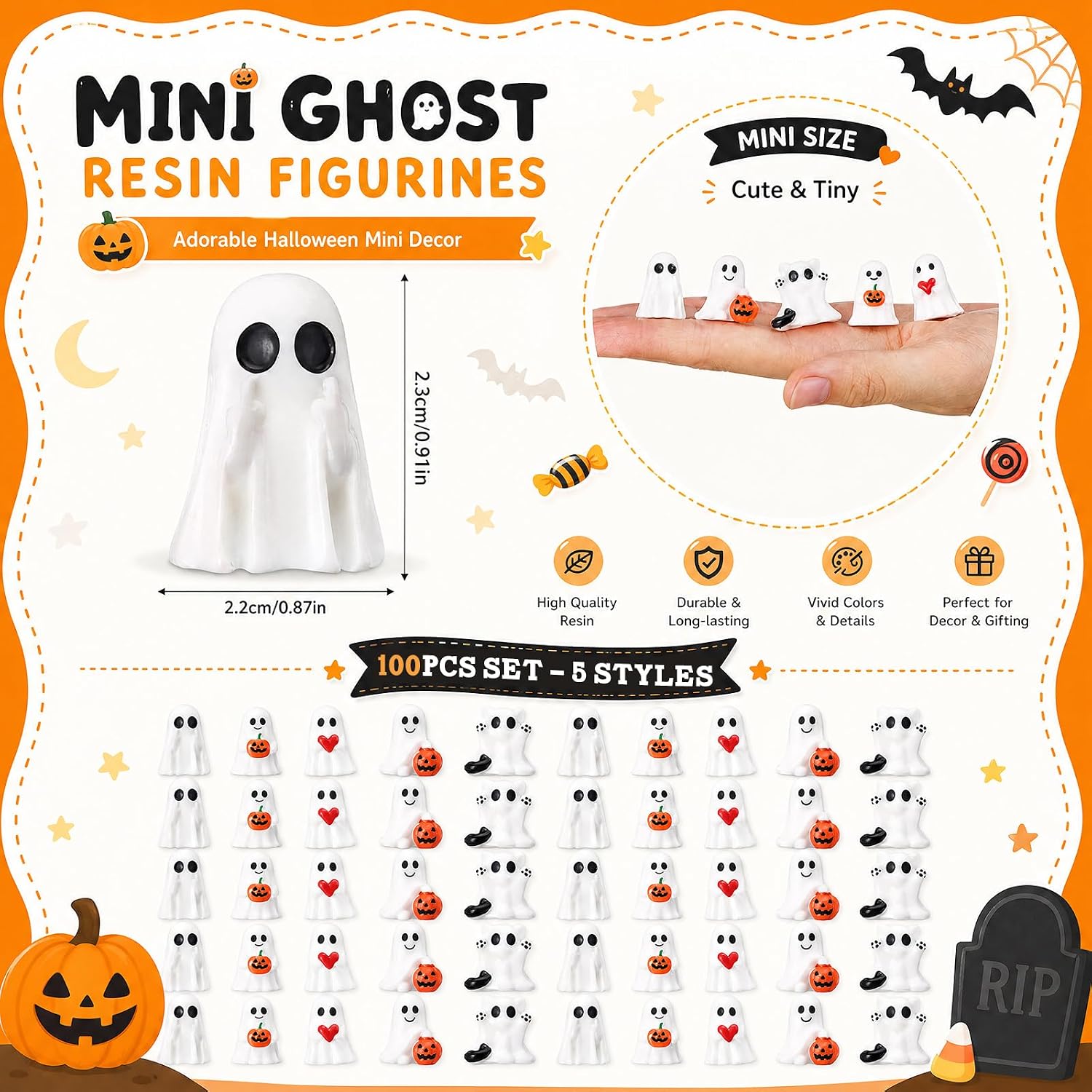 Maplewick 50 Pcs Mini Halloween Ghost Figurine Spooky Resin Ghost Statue, 12.6 ounces