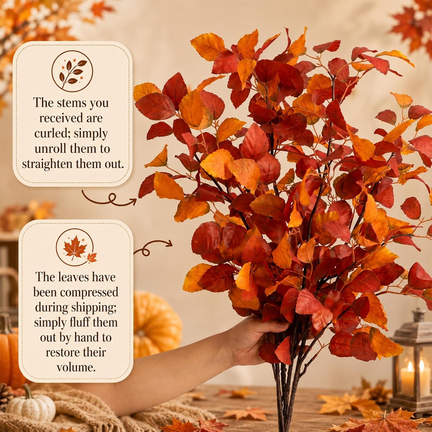 Birchmont 4 Pcs 38 in Artificial Fall Leaves Stems, Orange Rust Ficus, 13.12 ounces