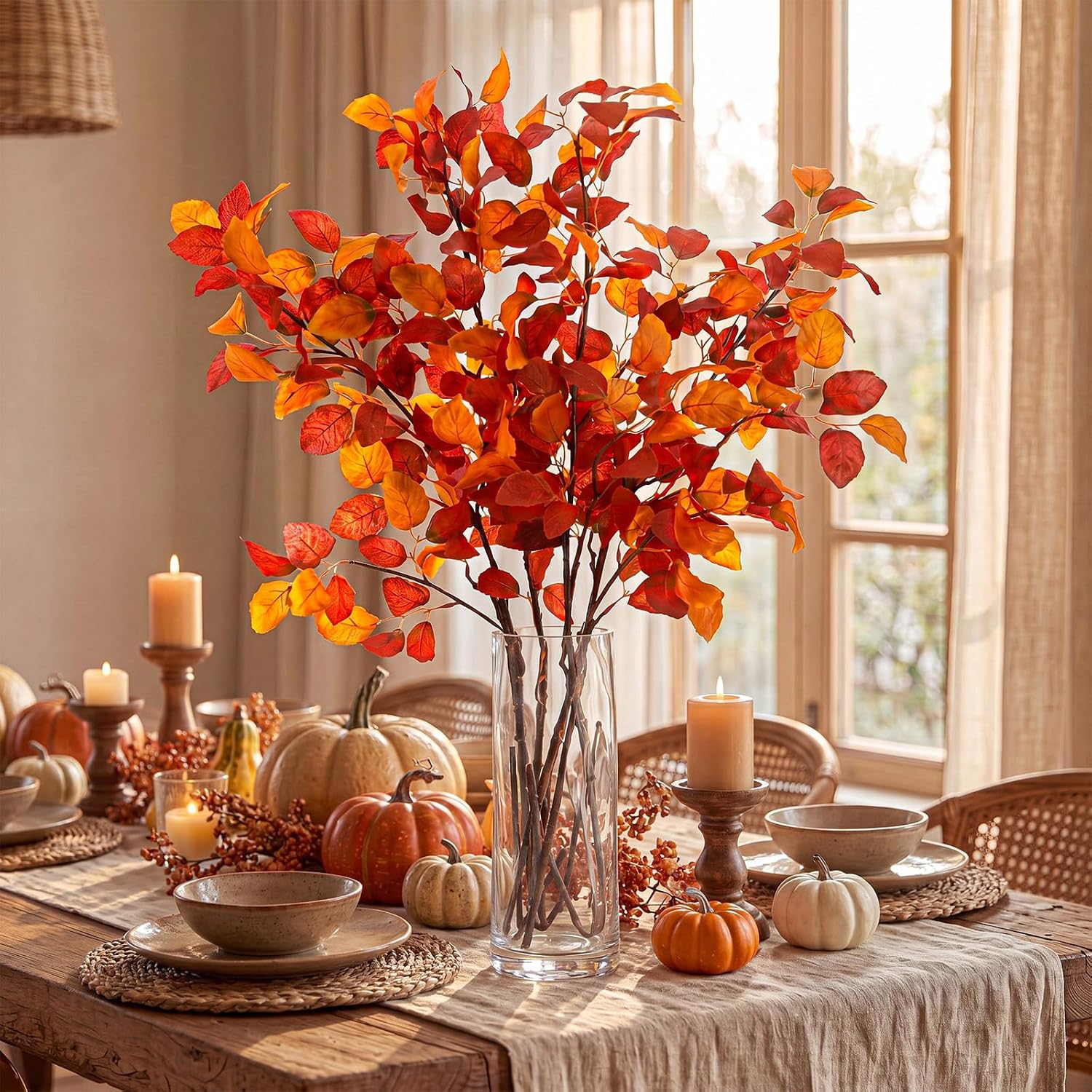Birchmont 4 Pcs 38 in Artificial Fall Leaves Stems, Orange Rust Ficus, 13.12 ounces