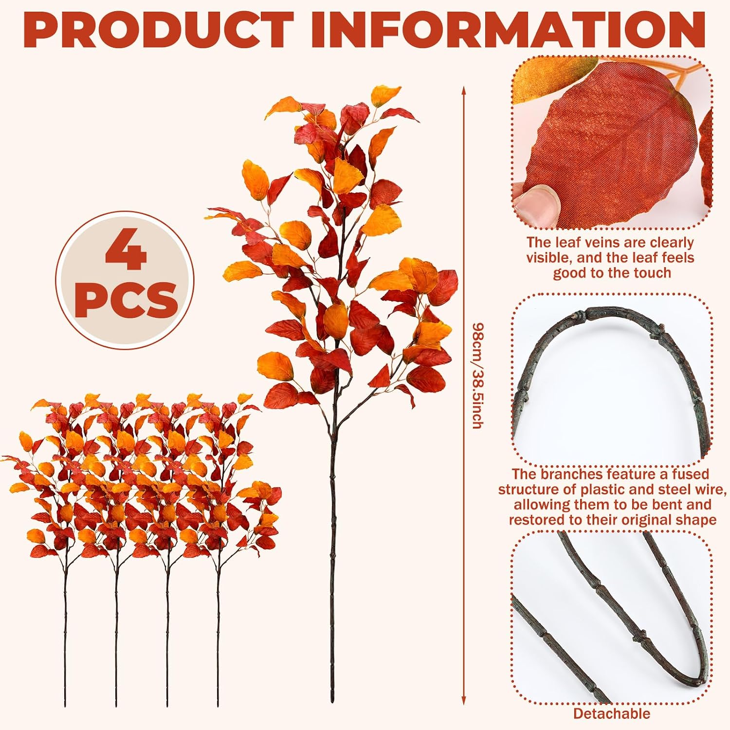 Birchmont 4 Pcs 38 in Artificial Fall Leaves Stems, Orange Rust Ficus, 13.12 ounces