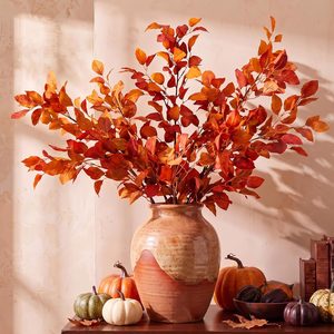 Birchmont 4 Pcs 38 in Artificial Fall Leaves Stems, Orange Rust Ficus, 13.12 ounces