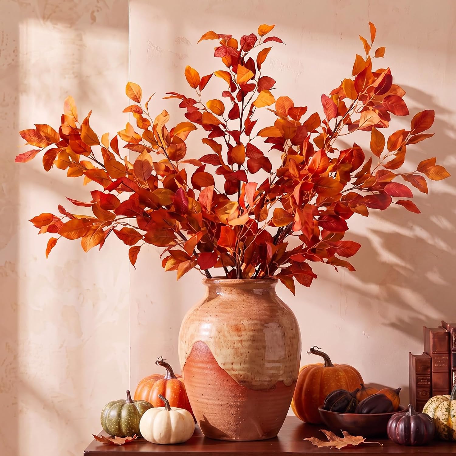 Birchmont 4 Pcs 38 in Artificial Fall Leaves Stems, Orange Rust Ficus, 13.12 ounces