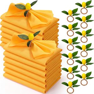 Ashenby 24 Pcs Yellow Cloth Napkins with Lemon Napkin Rings, 1.6 pounds, 9.1" x 7.7" (Set of 24)