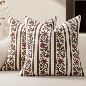 Barleyfield Vintage Striped Floral Fall Pillow Covers 18x18 Set of 2, Terracotta Brown