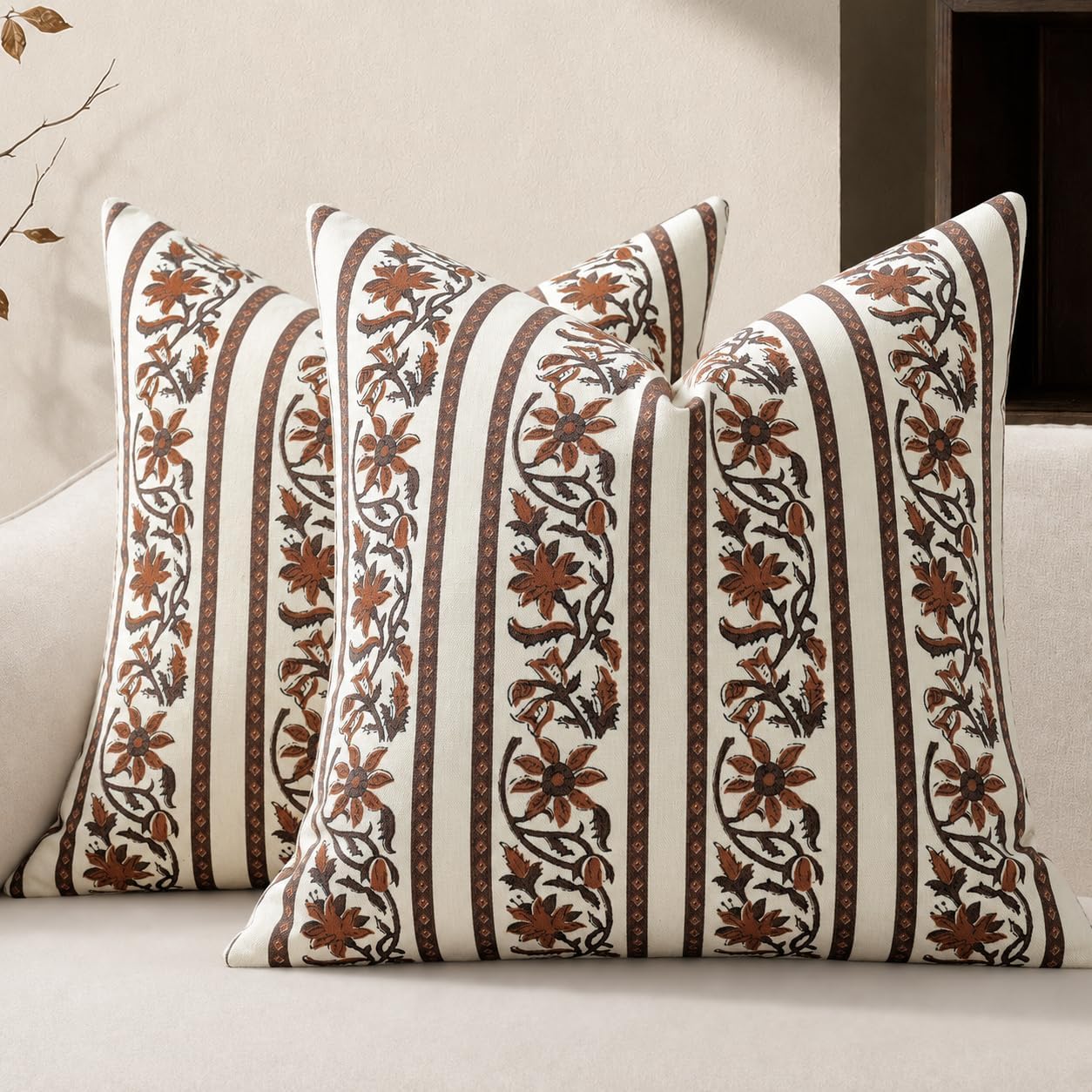 Barleyfield Vintage Striped Floral Fall Pillow Covers 18x18 Set of 2, Terracotta Brown
