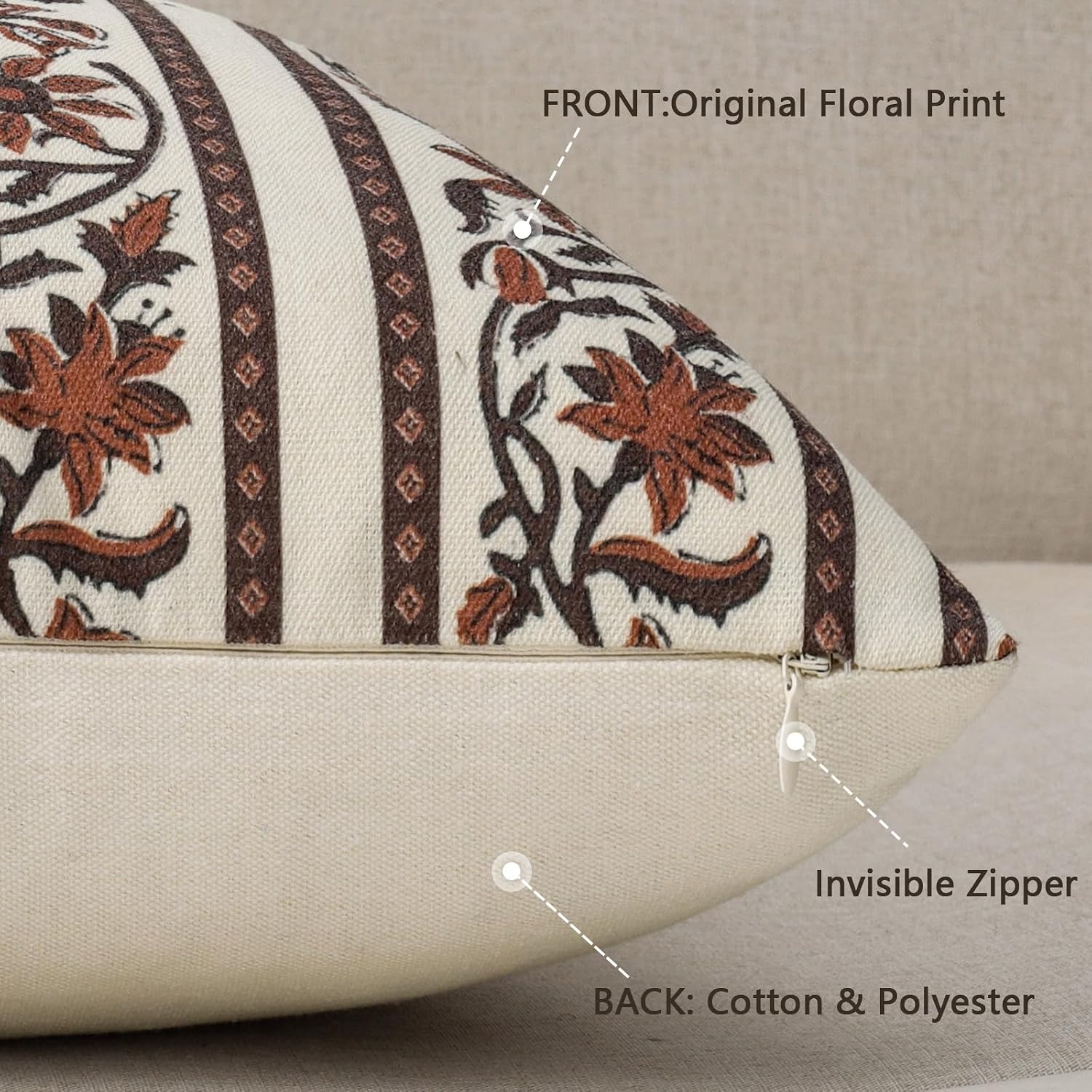 Barleyfield Vintage Striped Floral Fall Pillow Covers 18x18 Set of 2, Terracotta Brown