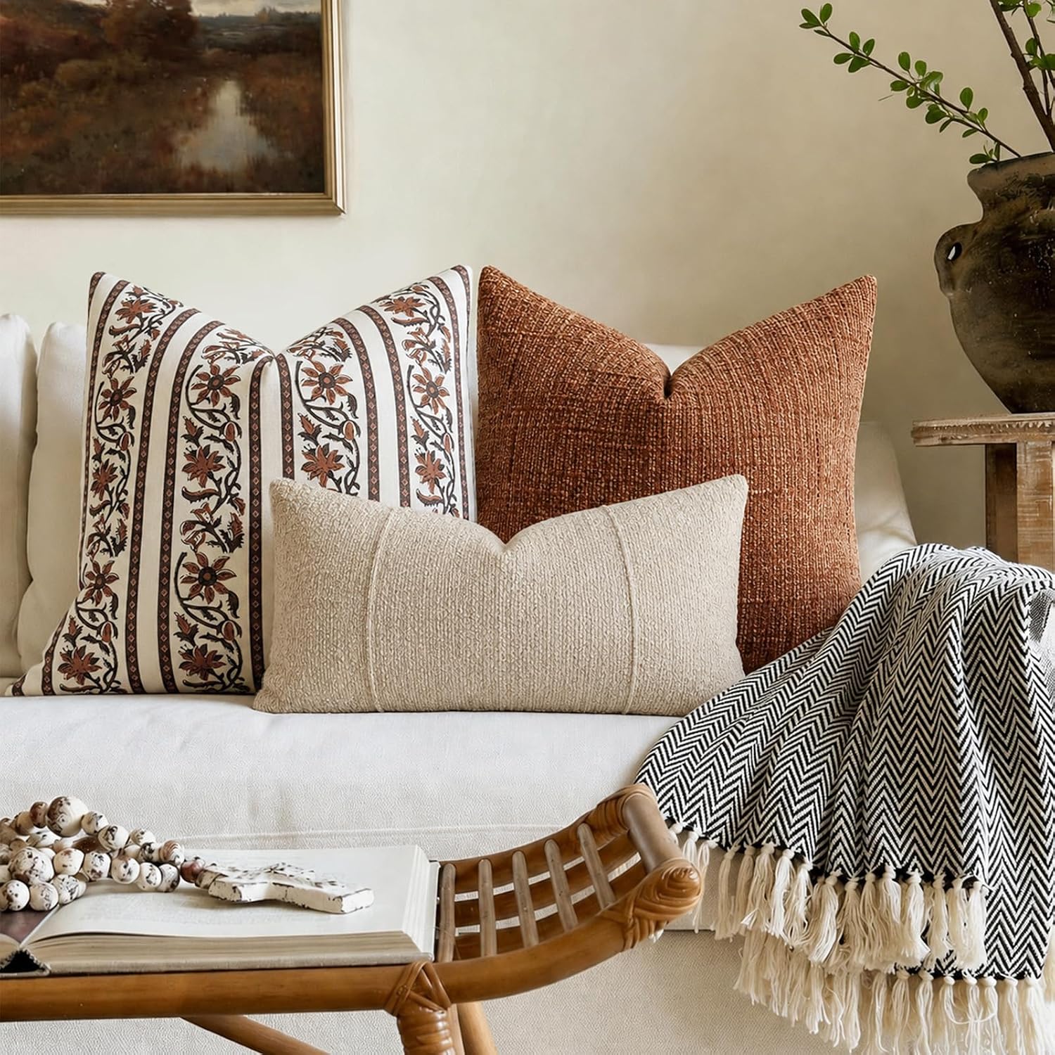 Barleyfield Vintage Striped Floral Fall Pillow Covers 18x18 Set of 2, Terracotta Brown