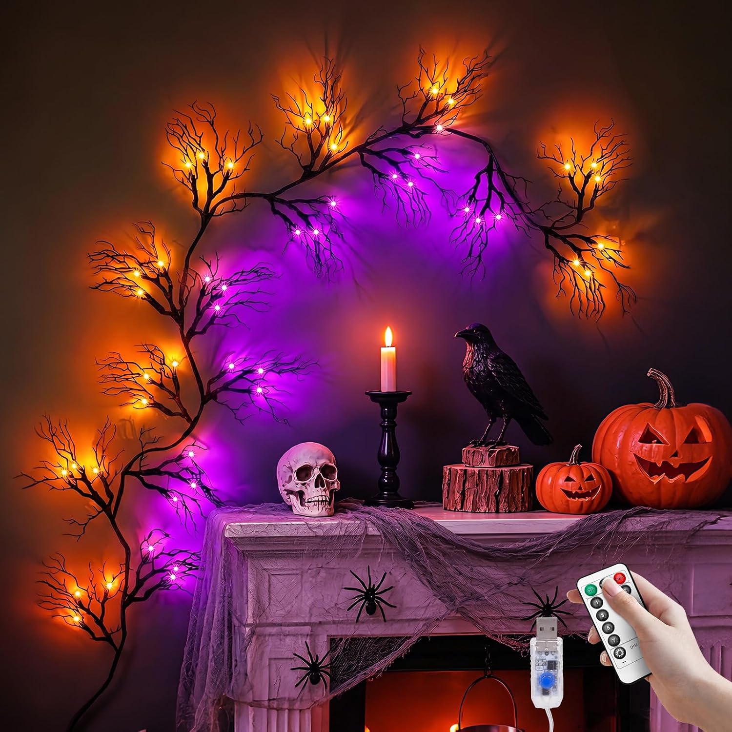 NestoraHome 6 FT Halloween Willow Vine Twig Decor Garland with 60 LED 8 Lighting Modes and Remote, Timer Function, Orange & Purple Lights