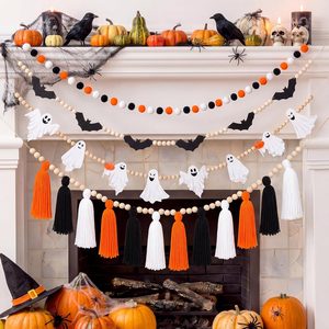 Aldernest 4 Pcs Halloween Banner Ghost Bat Tassel Garland 6.6 ft, Black, White, Orange