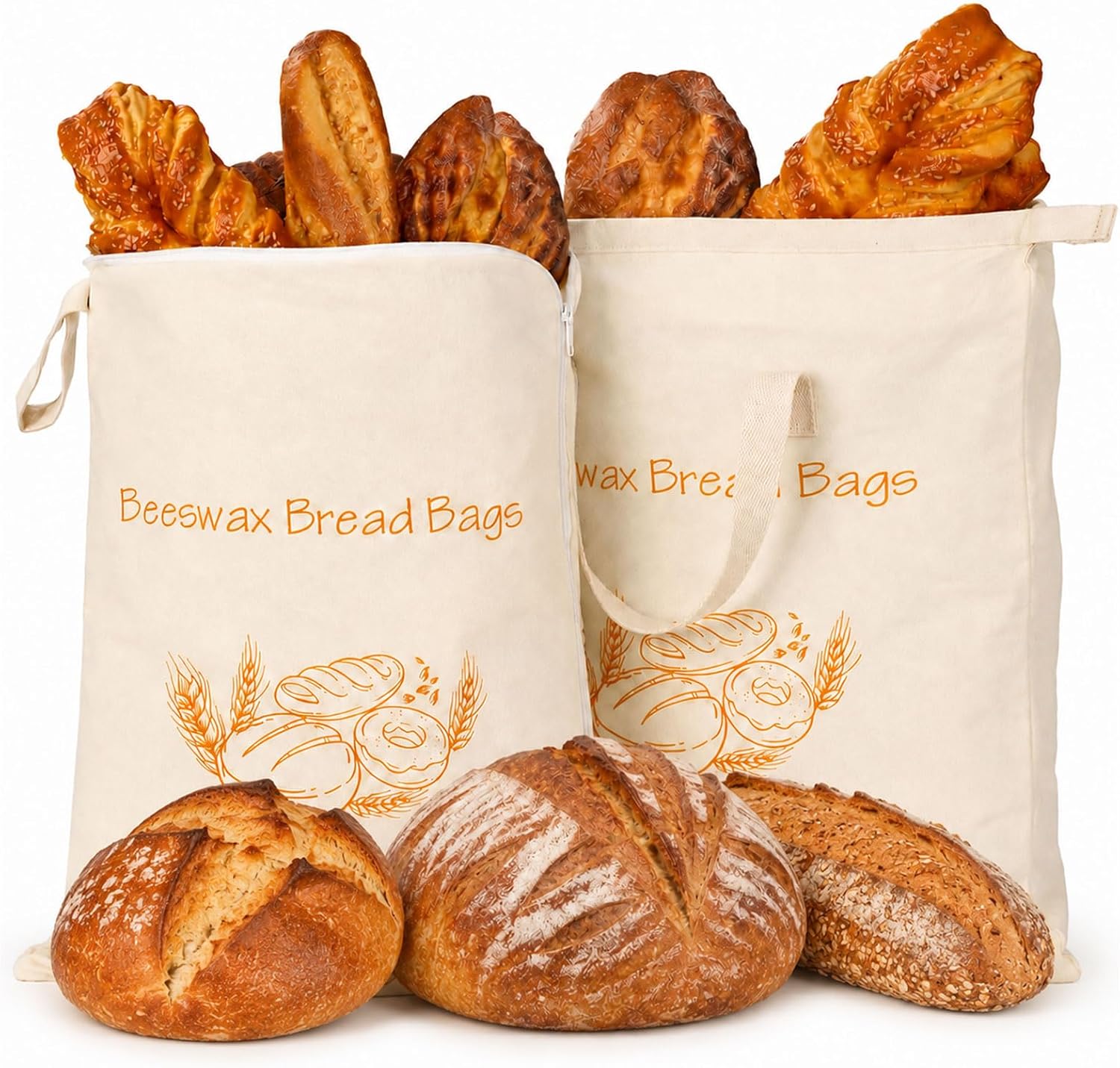Ashenby Beeswax Bread Bags 2 Pack, 13x17 Inch XL Reusable Sourdough Bread Bags, 12.32 ounces, Large, L-Zipper + Portable Handled