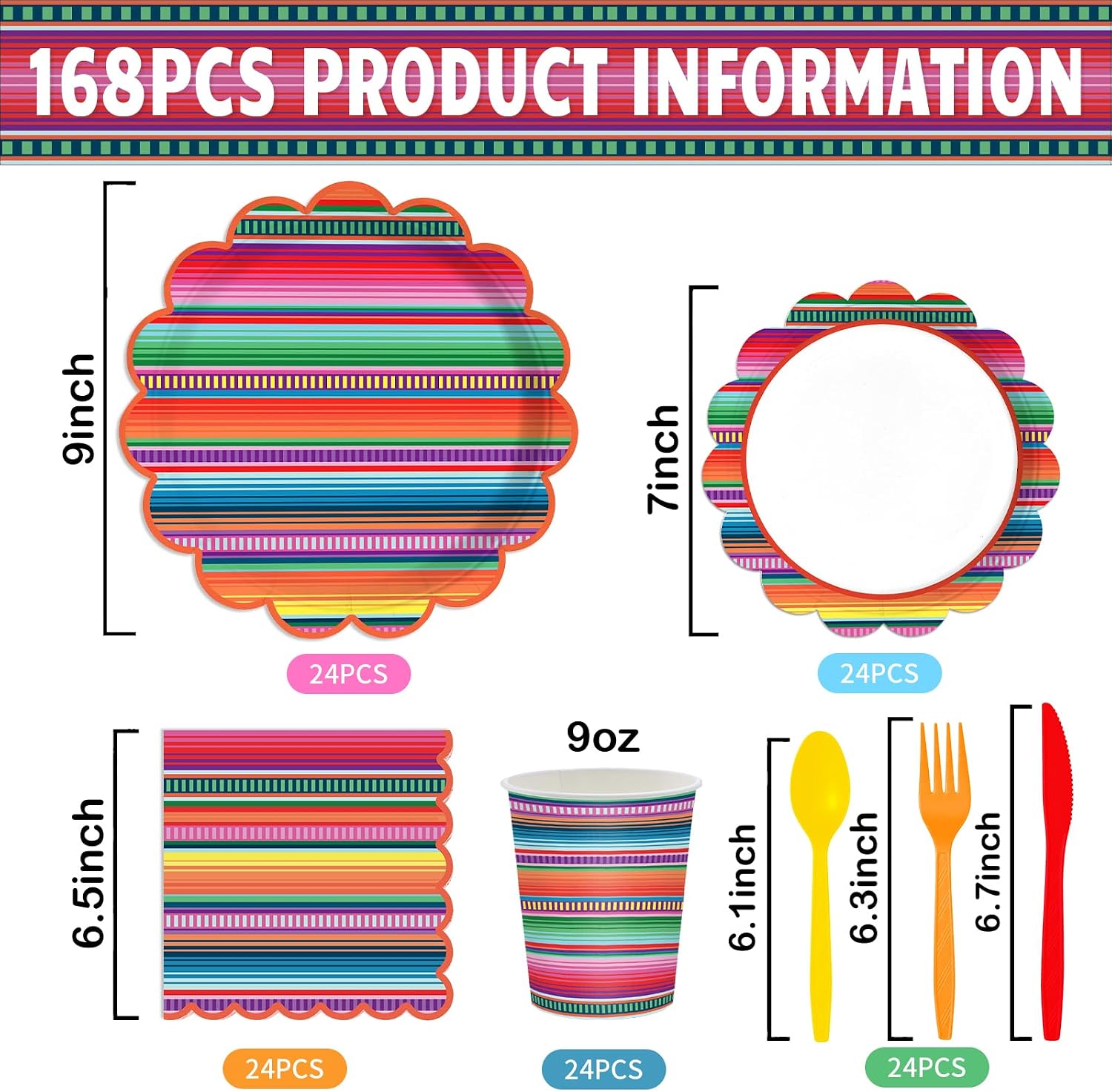 Ashenby 168PCS Mexican Fiesta Party Supplies Mayo Serape Taco Party Decorations Colorful Stripes Pattern for Mexico Taco Paper Plates Cups Napkins