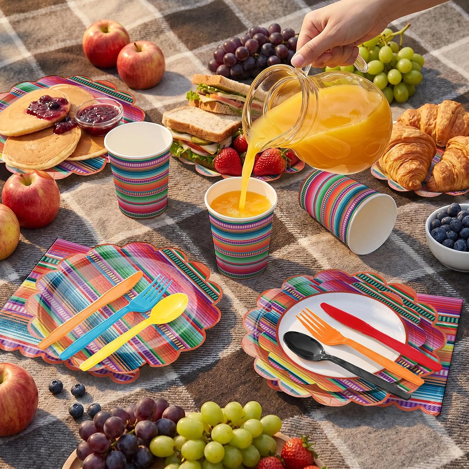Ashenby 168PCS Mexican Fiesta Party Supplies Mayo Serape Taco Party Decorations Colorful Stripes Pattern for Mexico Taco Paper Plates Cups Napkins