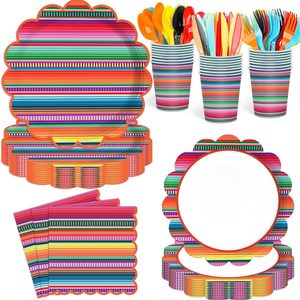 Ashenby 168PCS Mexican Fiesta Party Supplies Mayo Serape Taco Party Decorations Colorful Stripes Pattern for Mexico Taco Paper Plates Cups Napkins