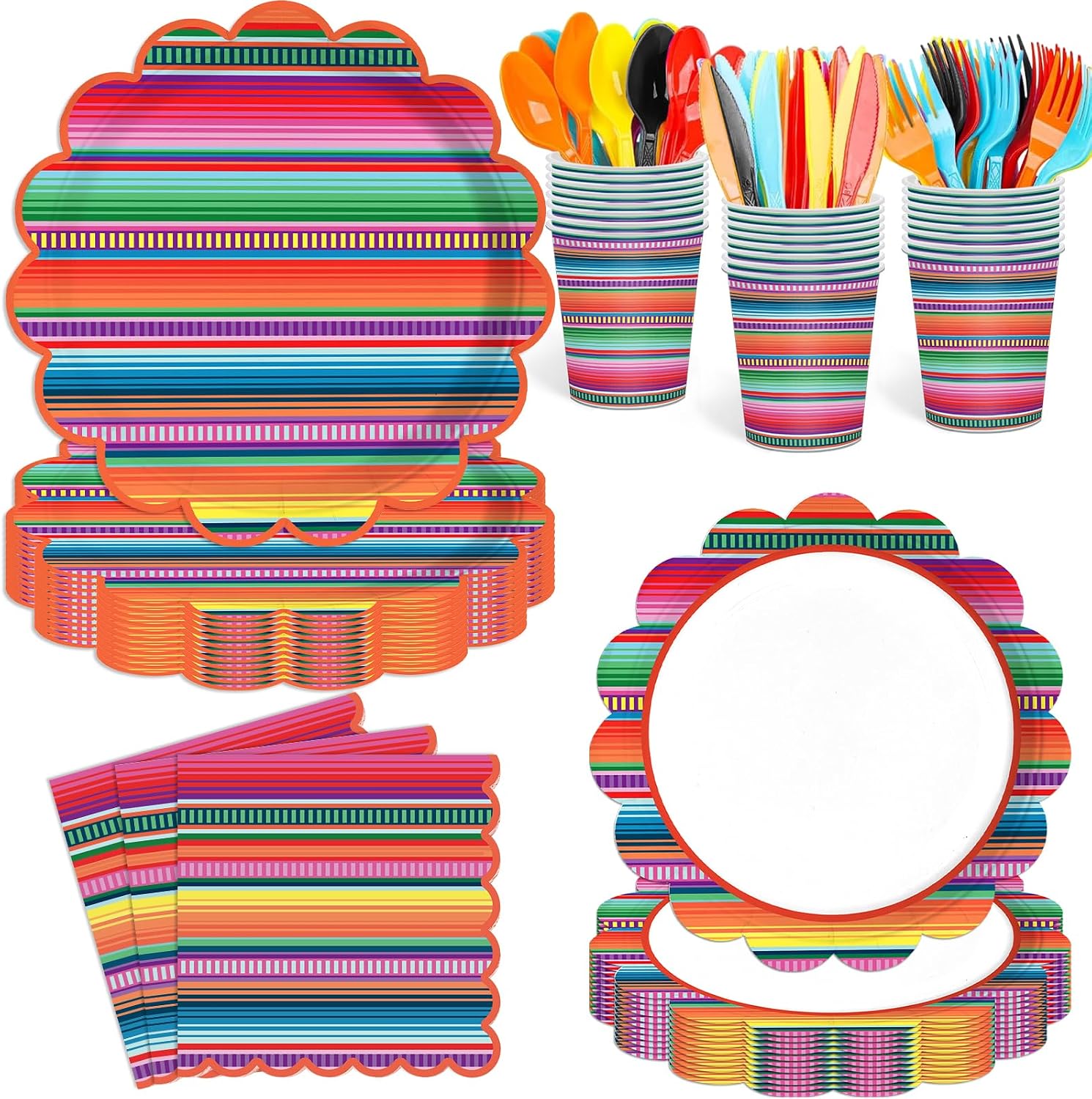 Ashenby 168PCS Mexican Fiesta Party Supplies Mayo Serape Taco Party Decorations Colorful Stripes Pattern for Mexico Taco Paper Plates Cups Napkins