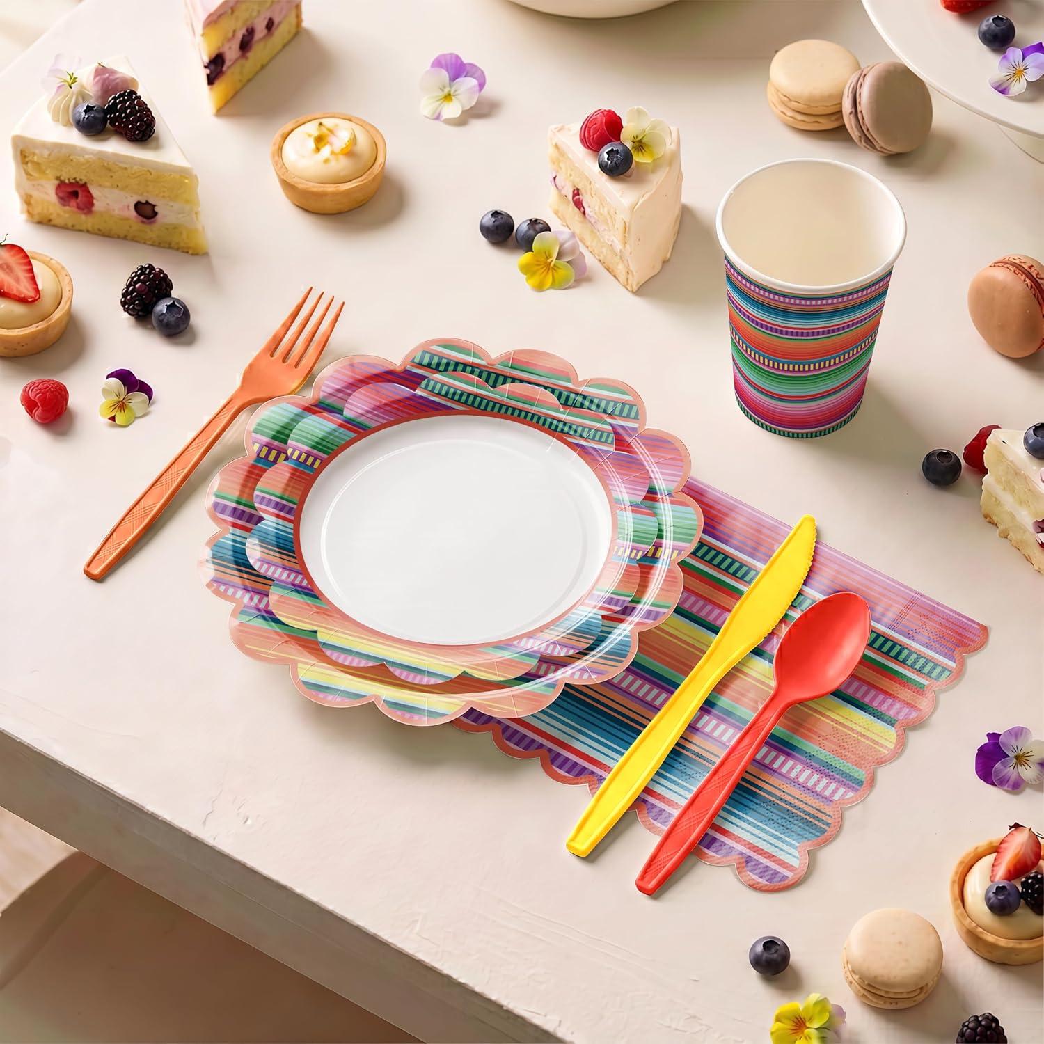 Ashenby 168PCS Mexican Fiesta Party Supplies Mayo Serape Taco Party Decorations Colorful Stripes Pattern for Mexico Taco Paper Plates Cups Napkins