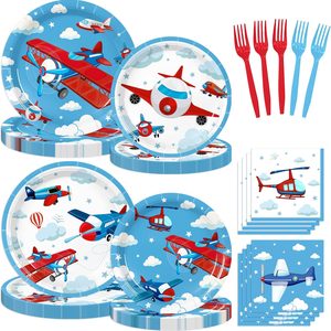 Ashenby 96PCS Airplane Party Supplies for Birthday Blue Sky and Cloud Party Decorations Cartoon Flight Plane Themed Paper Plates Cups Napkins
