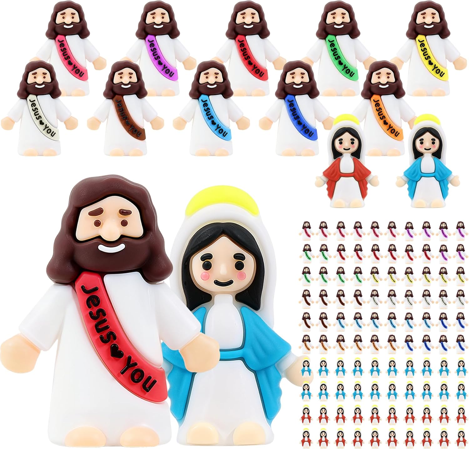 Quillstone 100 Pack Mini Jesus and Virgin Mary Figurines Bulk, Multicolor