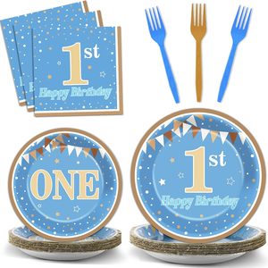 Aldernest 96PCS Baby Boy First Birthday Party Paper Plates and Napkins Blue and Brown 1st Birthday Disposable Plates 1st Blue Dinnerware Set for Boys